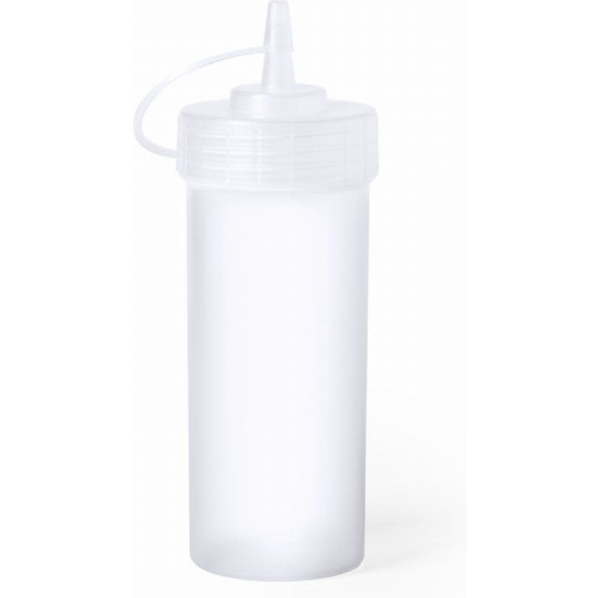 A clear plastic bottle with a screw-on lid and nozzle, suitable for various liquid contents.