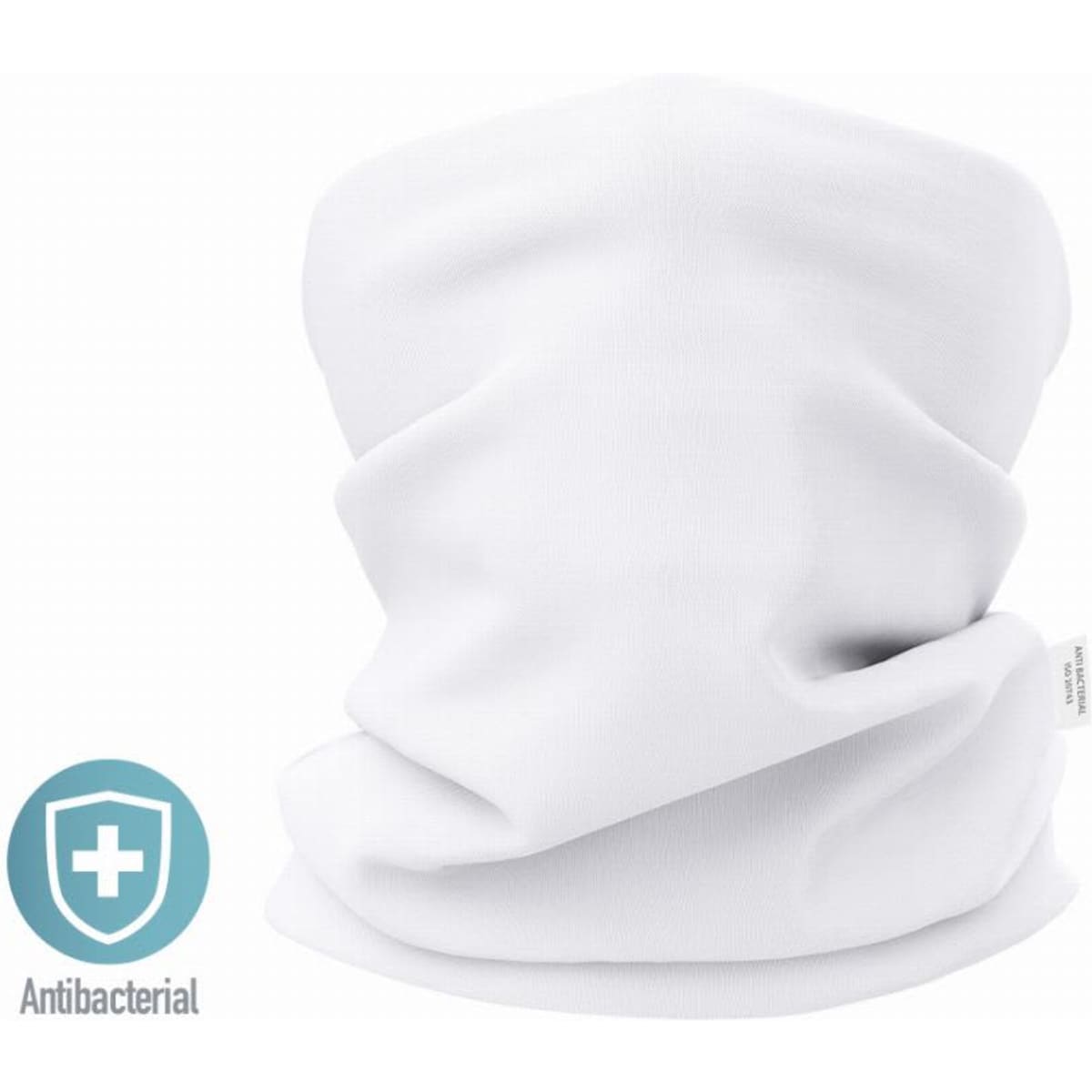 A neck gaiter in white with a soft, textured fabric and an antibacterial feature. It includes a logo.