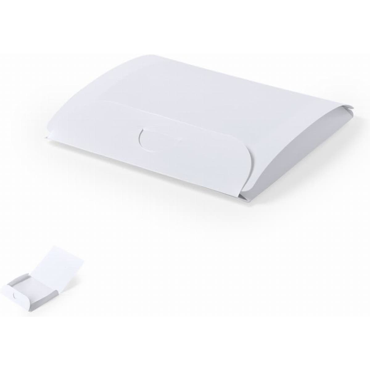 A white presentation folder with a flap closure, accompanied by a small matching note card.