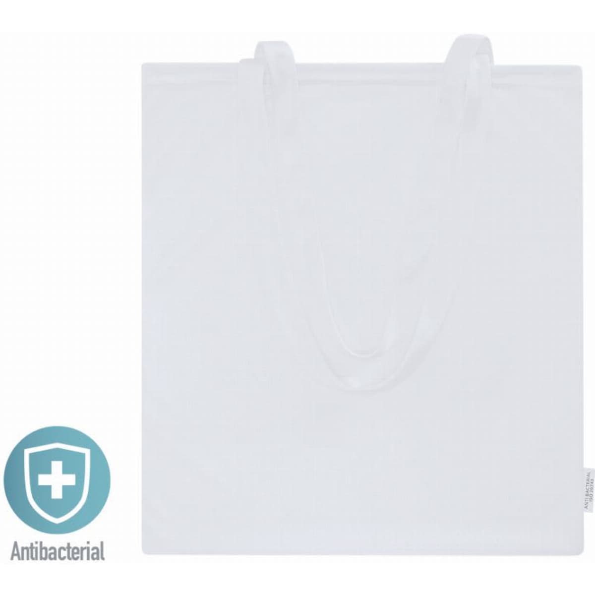 A white tote bag with transparent handles, featuring an antibacterial treatment. It has a logo on the side.