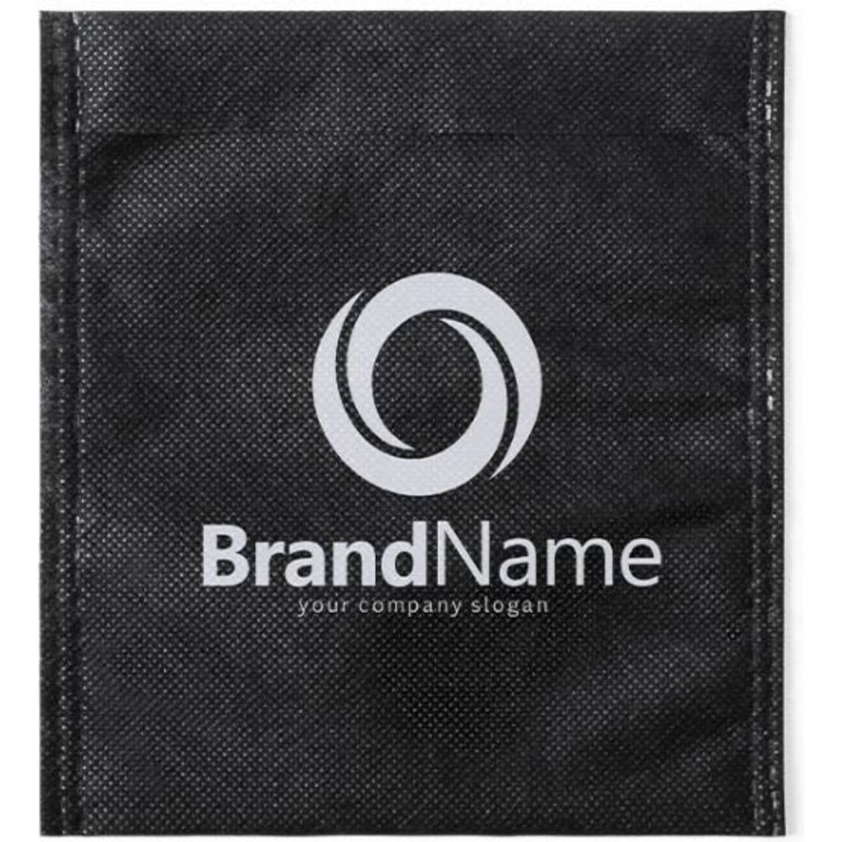 A black promotional bag featuring a logo and slogan, made from textured material.