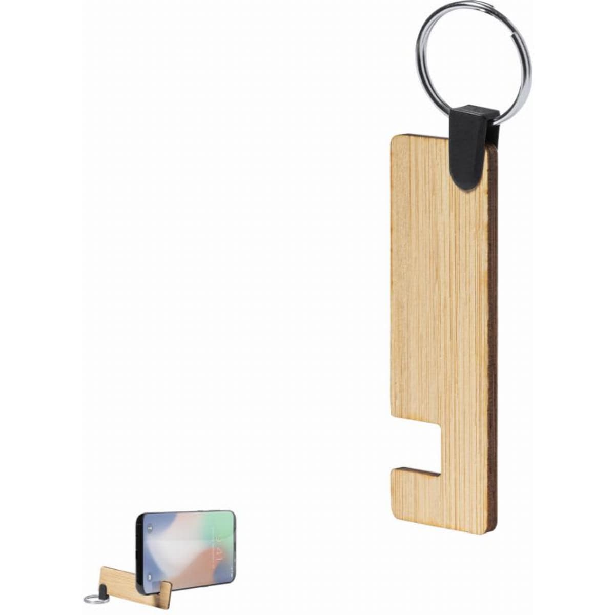 A wooden phone stand with a keyring attached, designed for holding a smartphone upright.