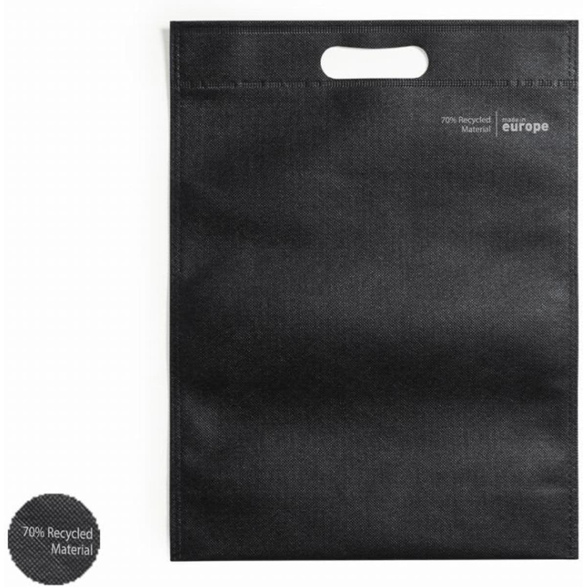 A black reusable shopping bag with a handle, made from 70% recycled material, featuring a logo.