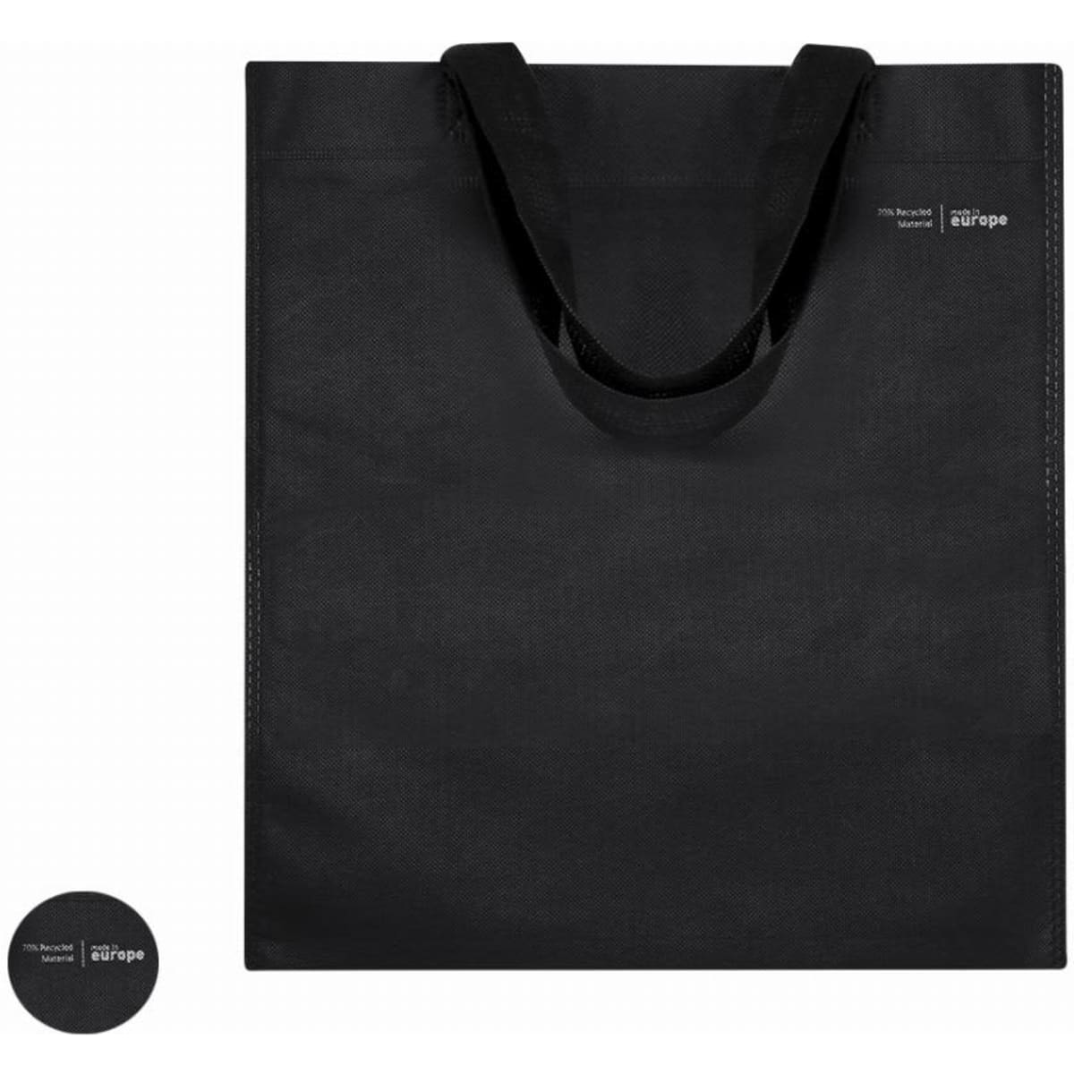 A black tote bag with sturdy handles and a logo, featuring a simple, clean design.