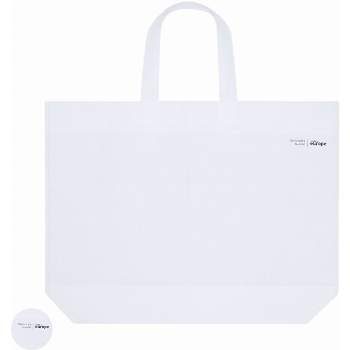 A white tote bag with two handles and a circular tag featuring a logo or branding.