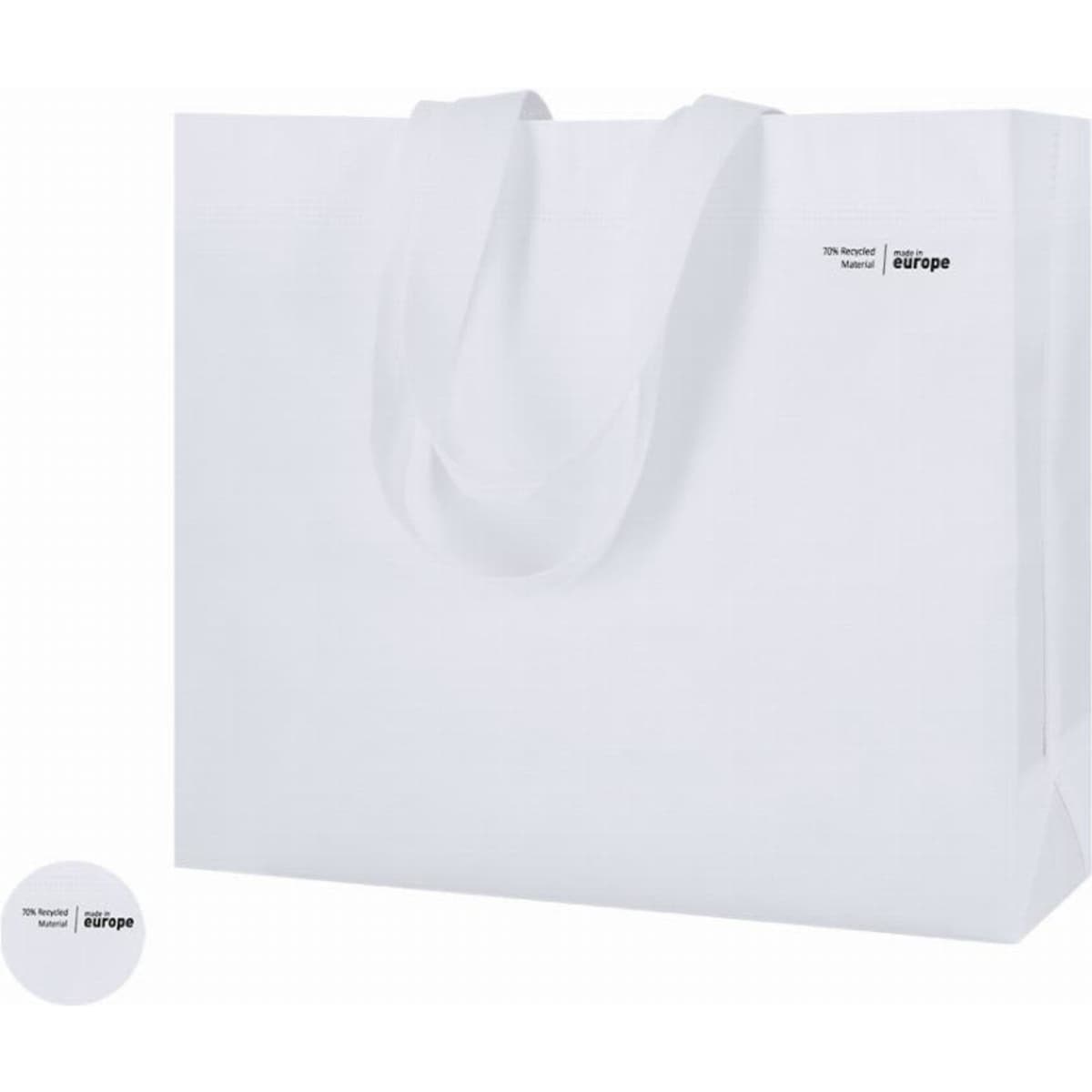 A white tote bag with handles and a small logo on one side. Simple design suitable for various uses.