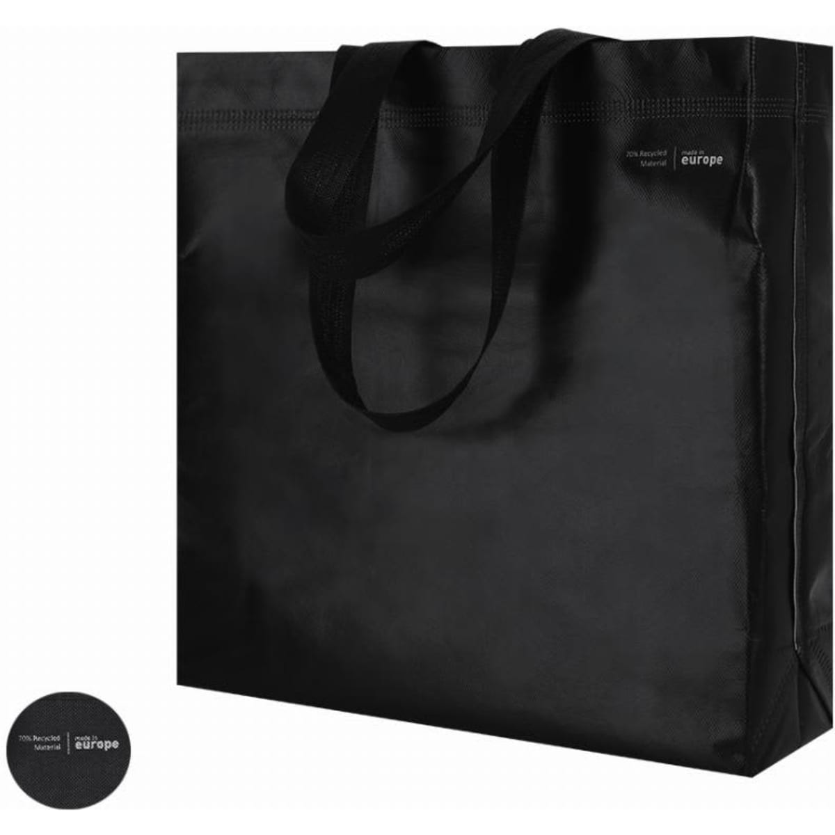 A black tote bag with long handles, featuring a small logo in the corner.