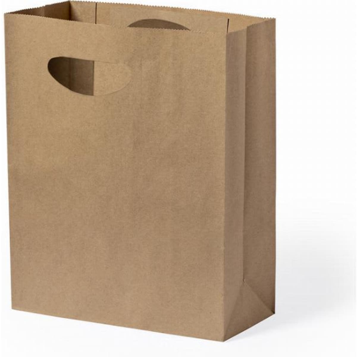 A brown paper bag with a rectangular shape and cut-out handles, featuring a simple design.
