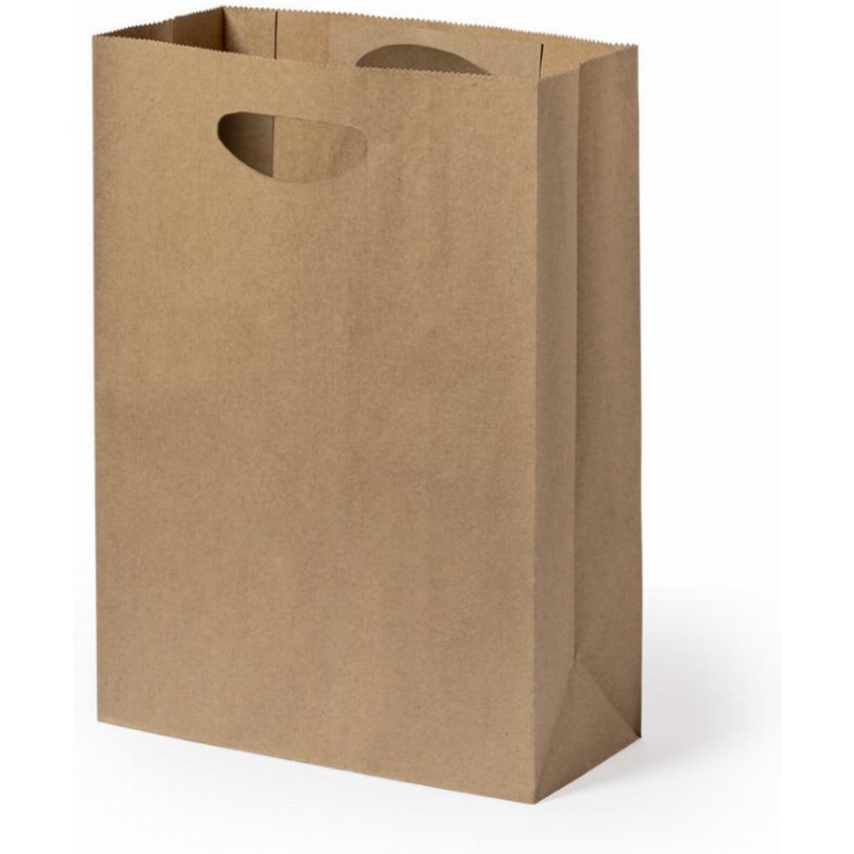 A brown paper shopping bag with a rectangular shape and cut-out handles for easy carrying.