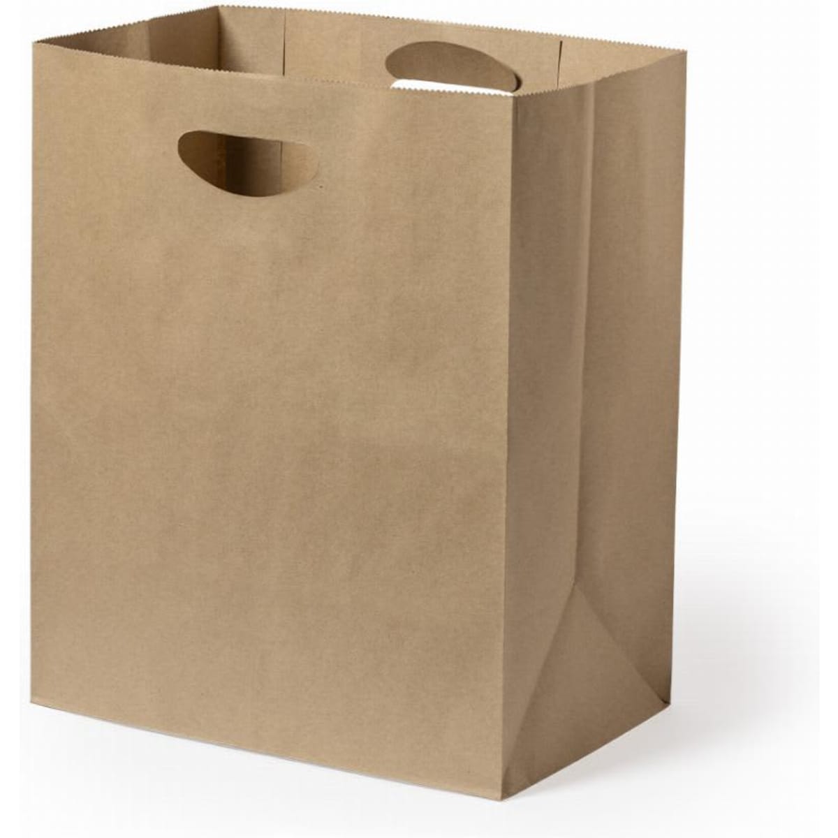 A brown paper bag with cut-out handles and a square base. It is plain without any text or logos.