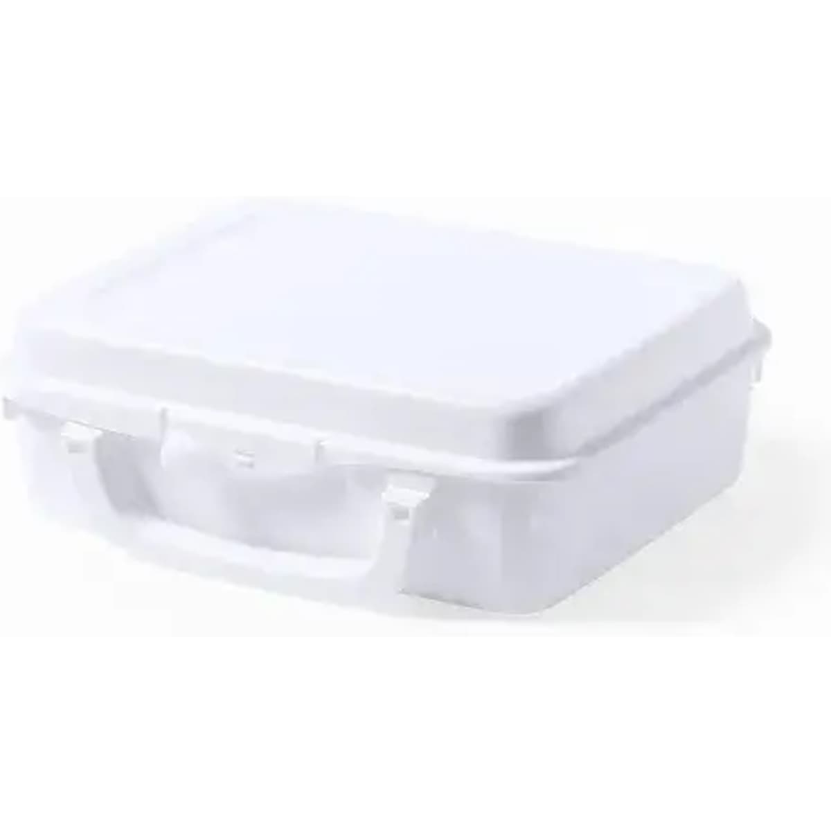 A white storage box with a handle and a secure lid, suitable for various uses.