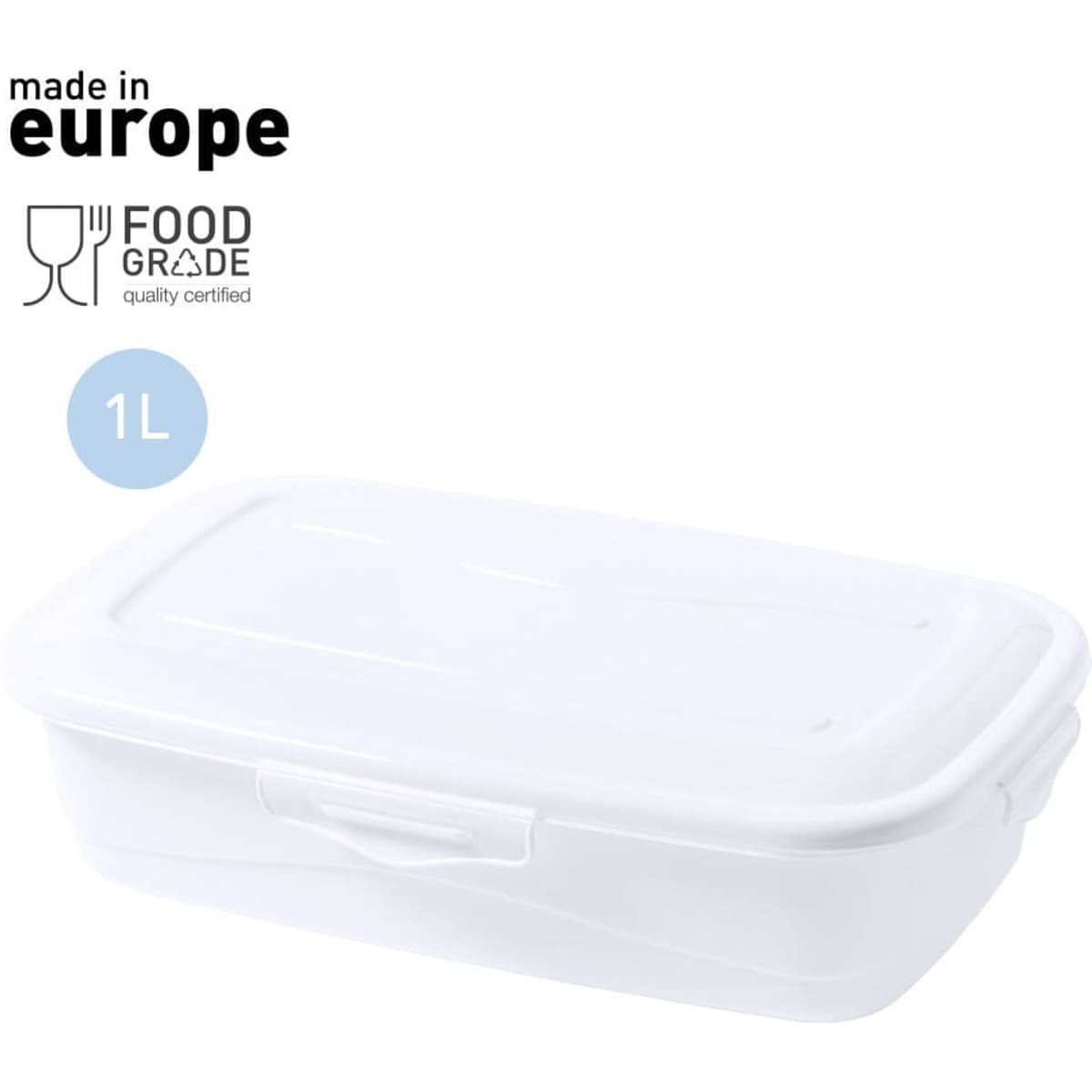 A food storage container in white with a lid, designed to hold 1 litre, featuring a food-grade quality certification.
