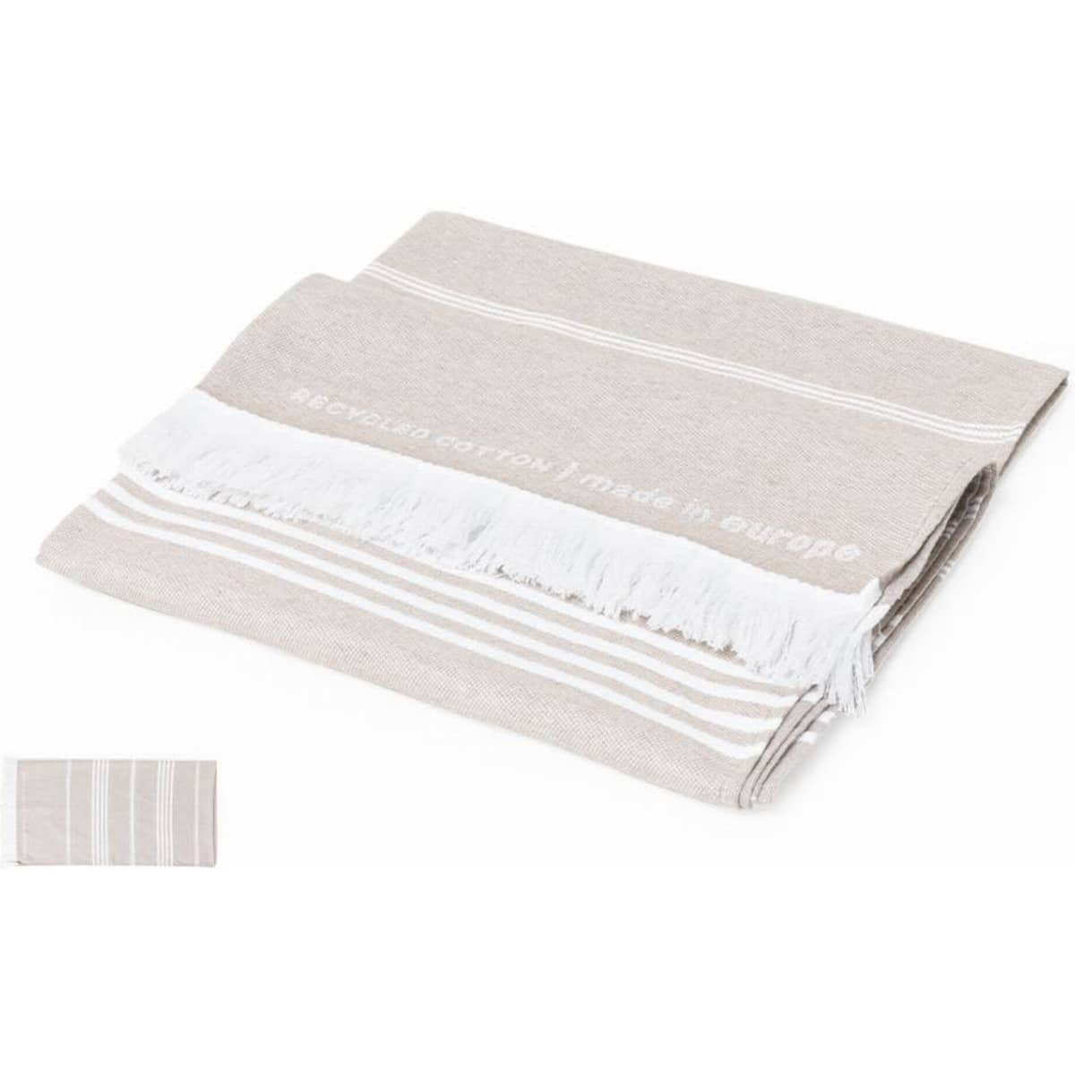 A woven beige towel with white stripes and fringed edges, displayed folded flat. It has a logo on one side.