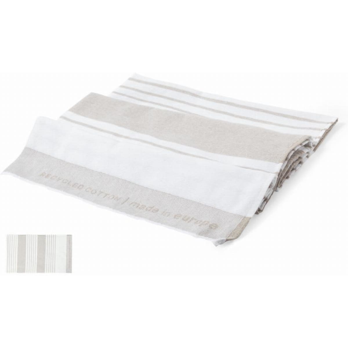 A folded set of striped kitchen towels in white, grey, and beige colours, featuring a subtle logo.