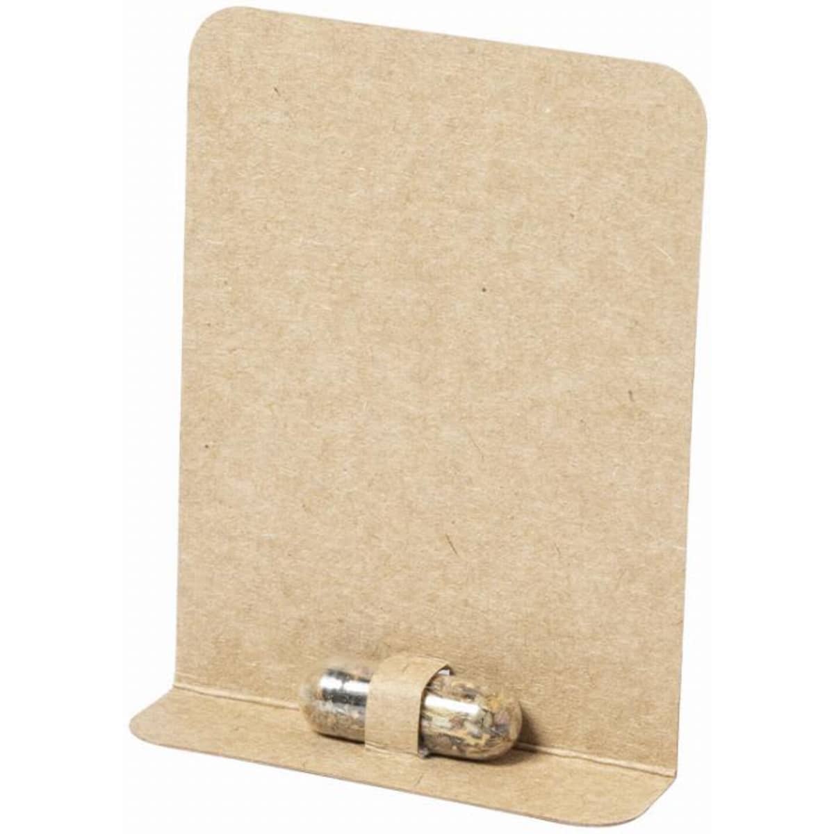 A display stand with a natural brown finish, featuring a small capsule attachment at the bottom.