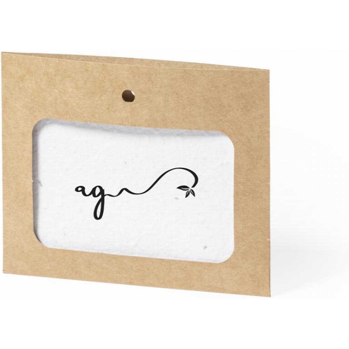 A card with a clear window displaying a small seed packet, featuring a handwritten-style logo. The card has a brown paper finish.