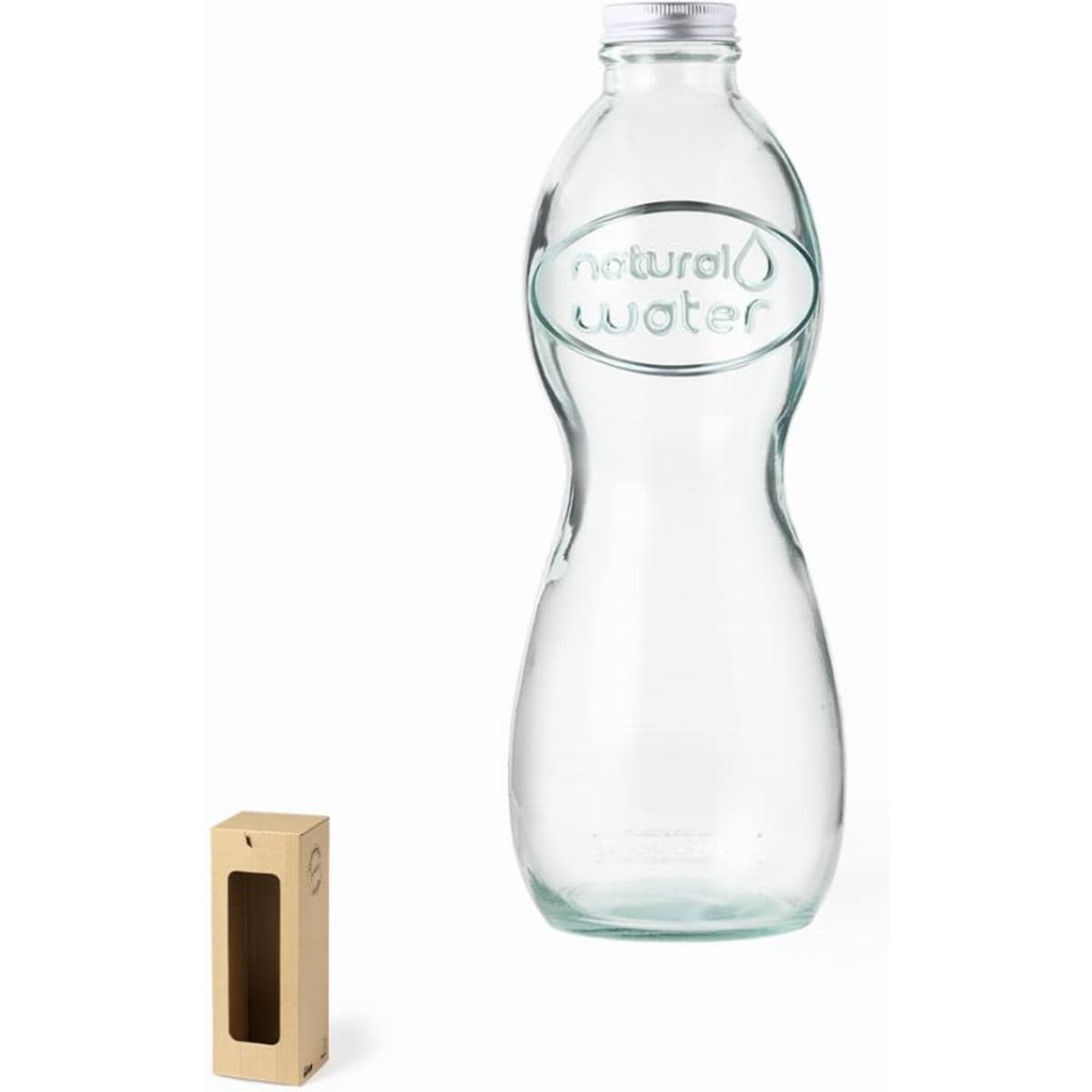 A drink bottle made of glass, shaped with curves, containing clear water, with a subtle logo and a wooden box beside it.