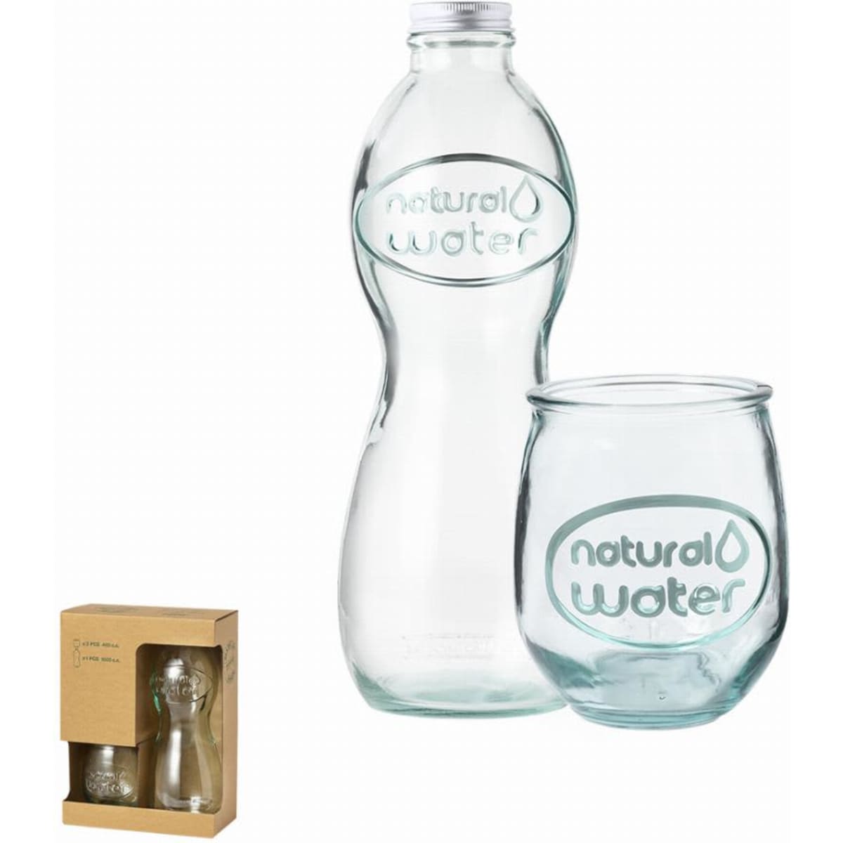 A drink bottle and a glass cup made of clear glass, featuring etched branding, packaged in a cardboard box.