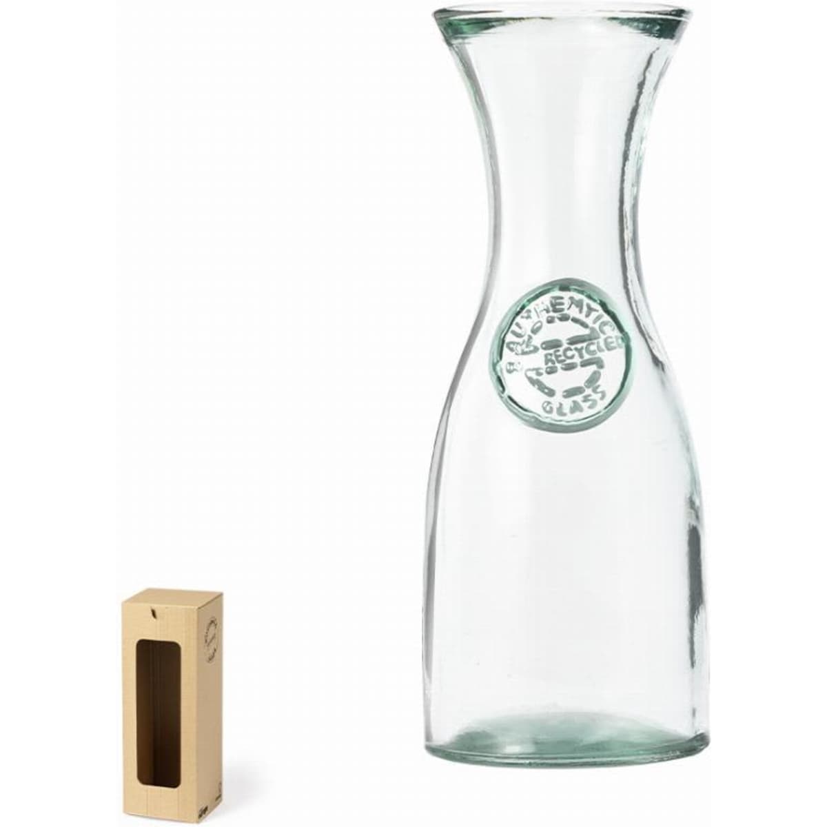 A glass carafe with a narrow neck and round base, paired with a wooden box for presentation.