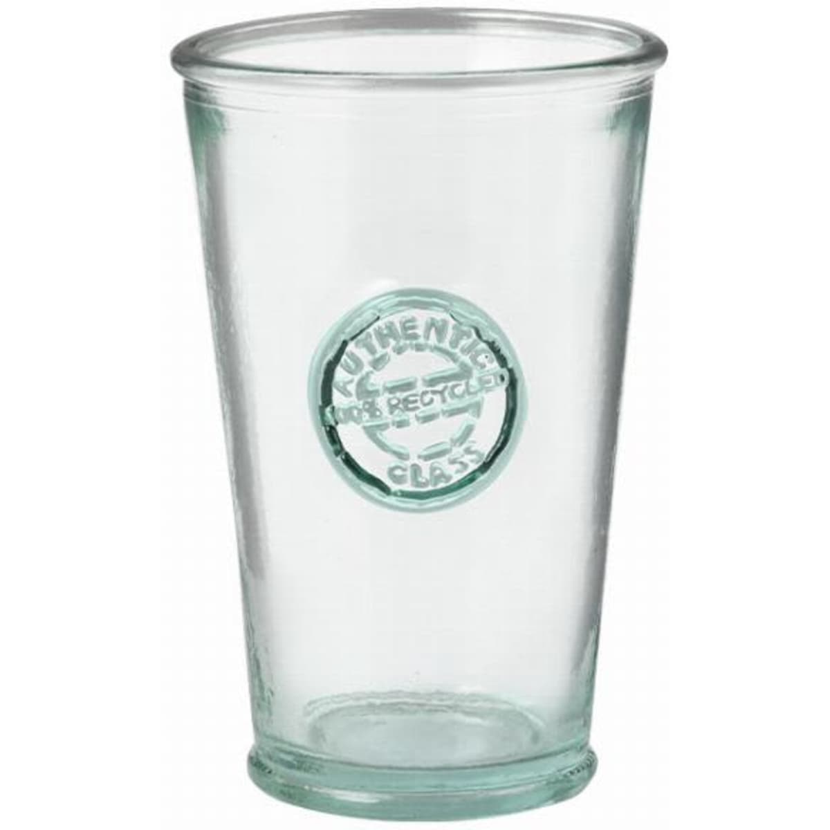 A drink bottle made of clear recycled glass with a circular logo on the front.