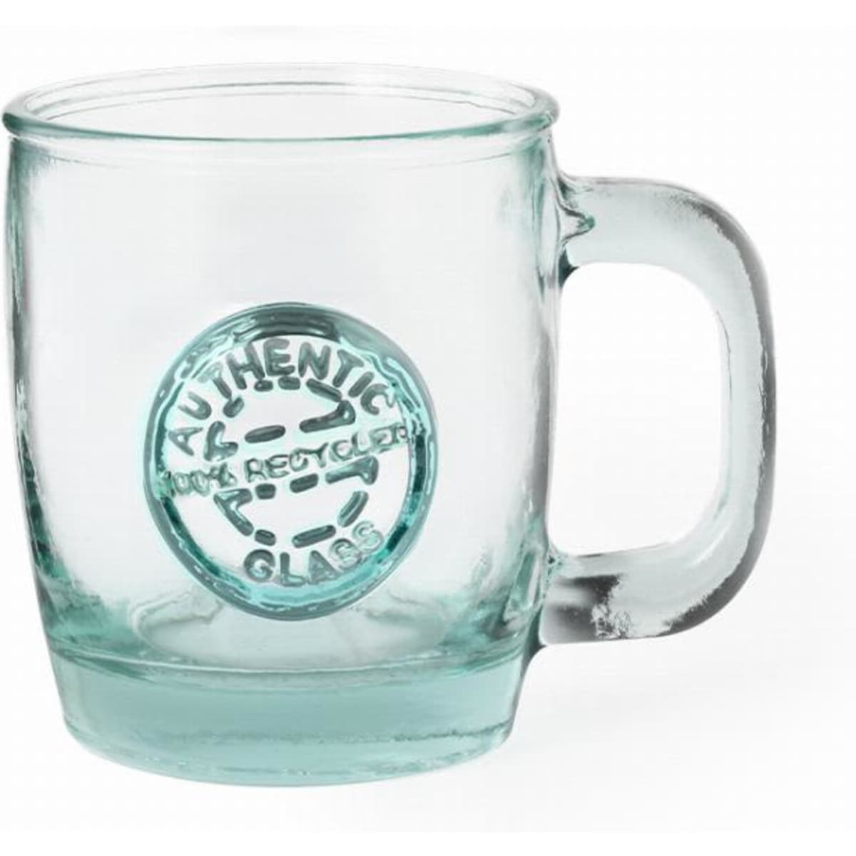 A glass mug with a handle, featuring a frosted finish and an embossed logo on the front.