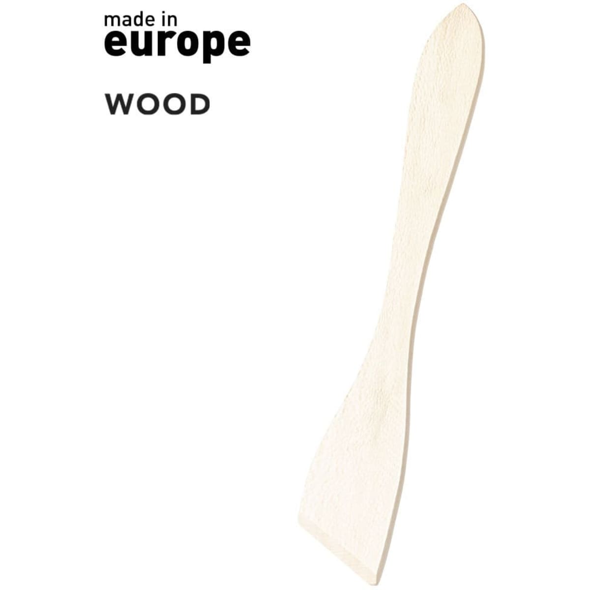 A wooden spatula with a smooth finish, featuring a tapered end and a rounded handle. It has a simple design.
