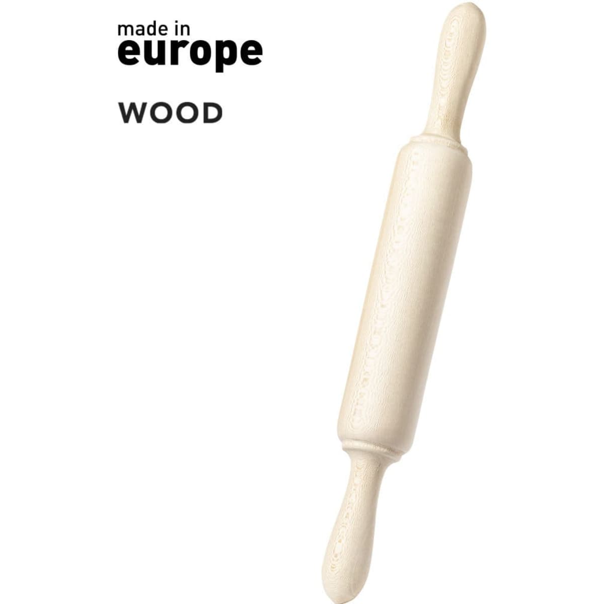 A wooden rolling pin with ergonomic handles, featuring a light natural wood finish and a branding logo.