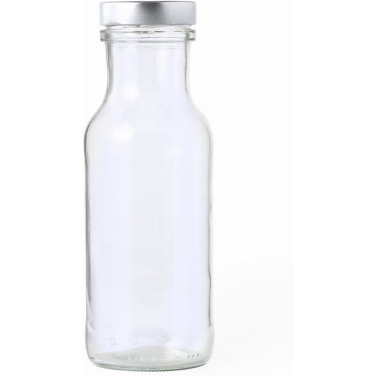 A clear glass drink bottle with a silver metal lid. It has a simple, sleek design.
