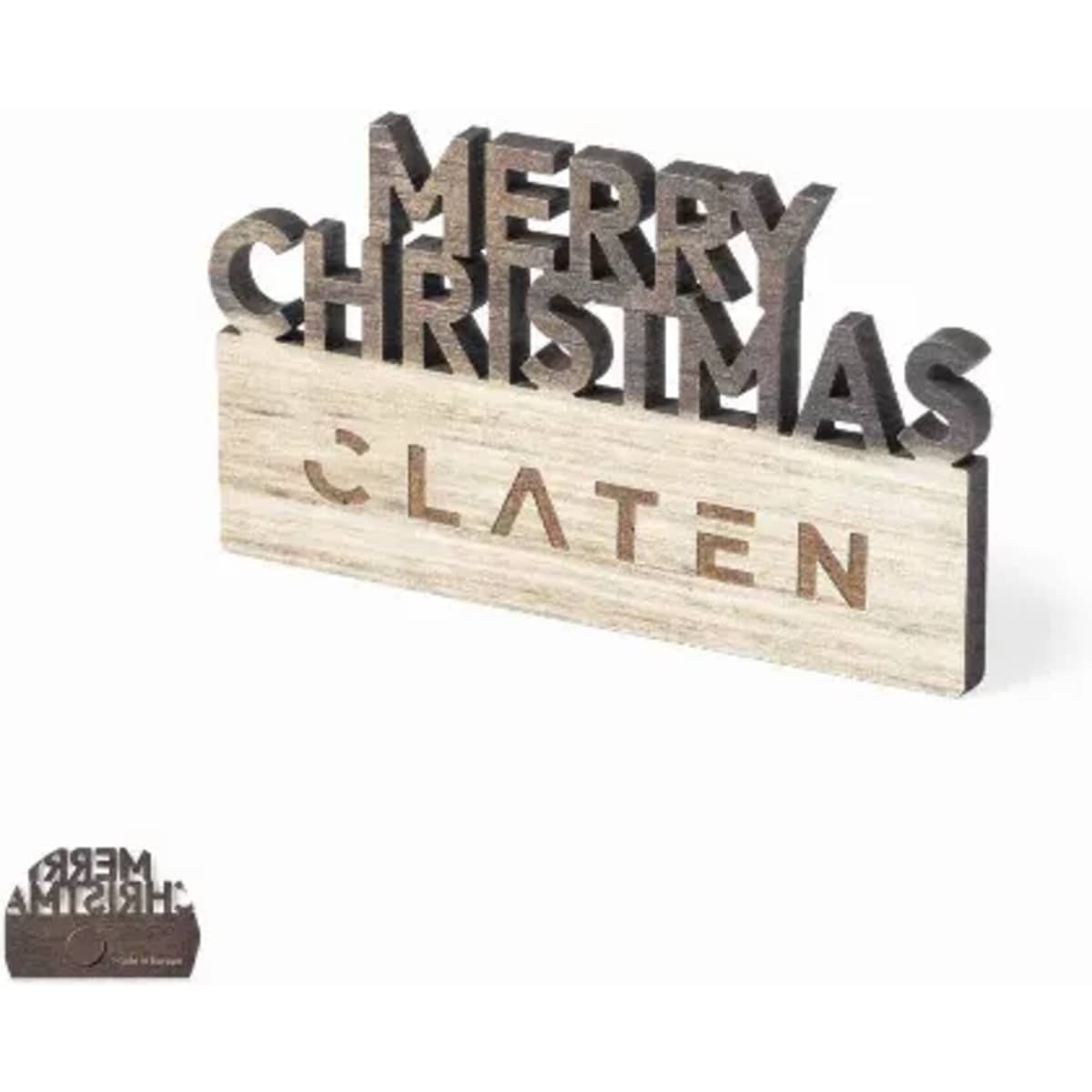 A decorative wooden sign featuring "Merry Christmas" in black lettering on a light wooden base, with a logo present.