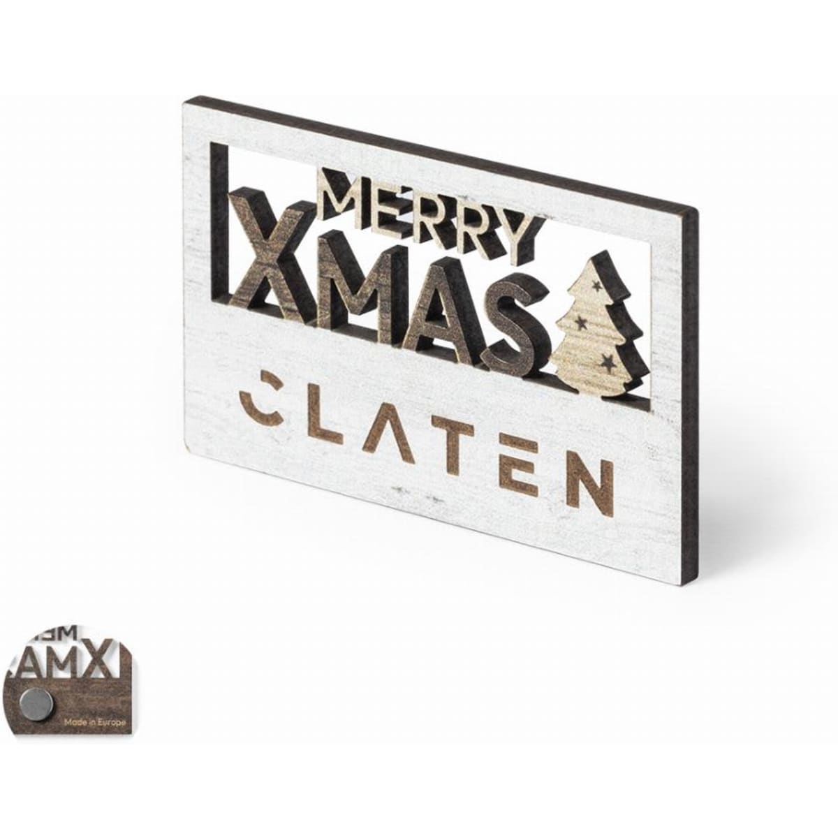 A decorative wooden sign featuring "Merry Xmas" and a tree design, with a white and brown finish.