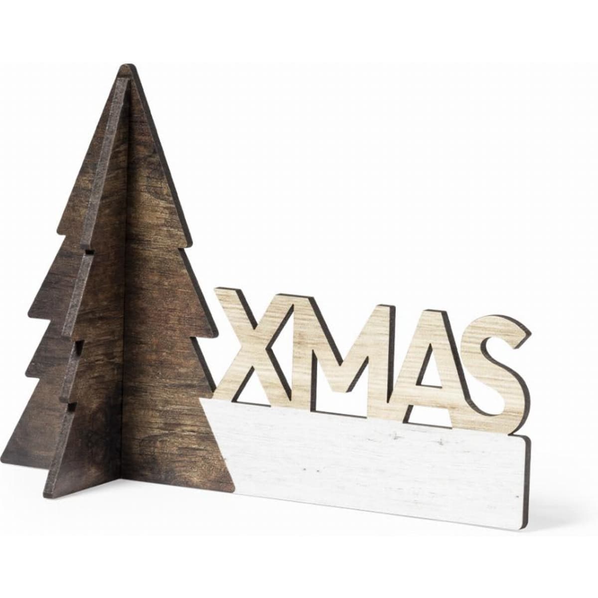 A wooden decorative piece featuring a Christmas tree and the word “XMAS,” in brown and white colours.
