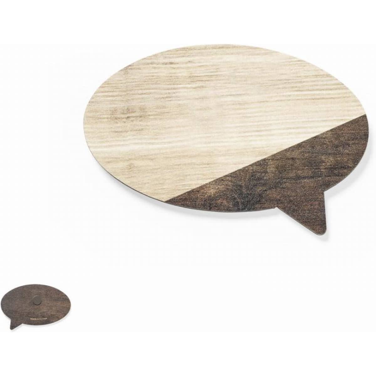 A wooden speech bubble-shaped coaster in a two-tone design with light and dark wood finishes.