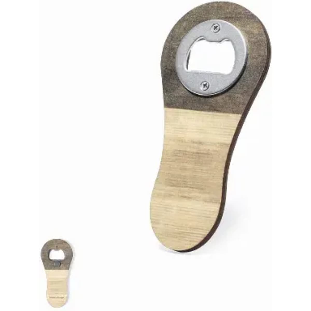 A bottle opener with a wooden handle, featuring a metal opening mechanism. The design is simple and practical.
