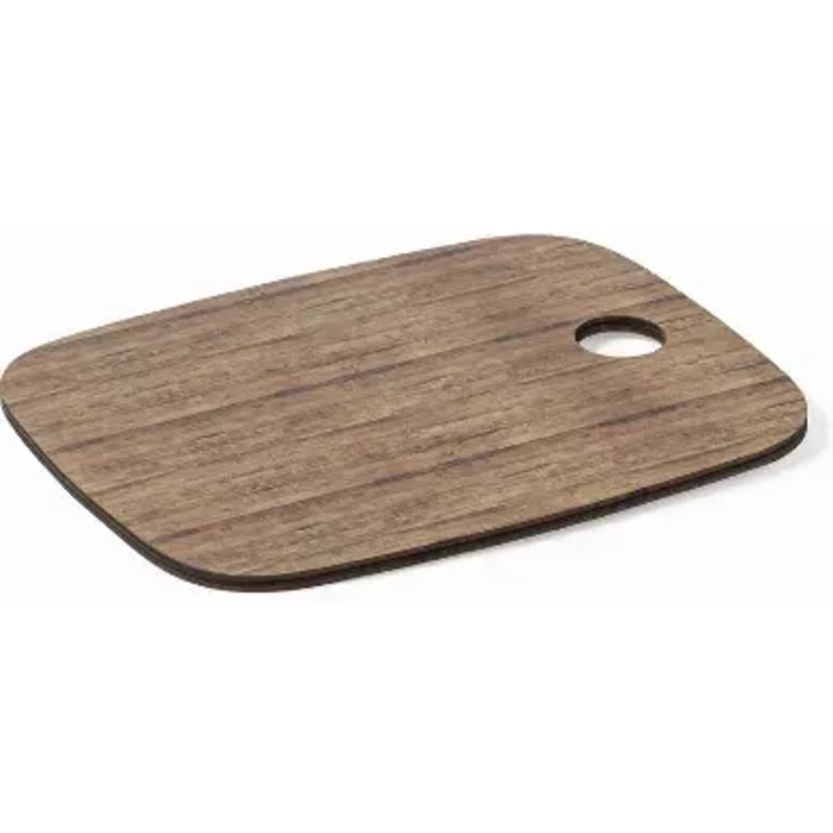 A wooden cutting board with a smooth finish and a hole for hanging, showcasing a rich brown colour.