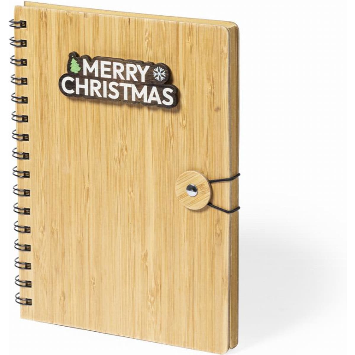 A bamboo notebook with a spiral binding and a festive "Merry Christmas" logo on the cover.