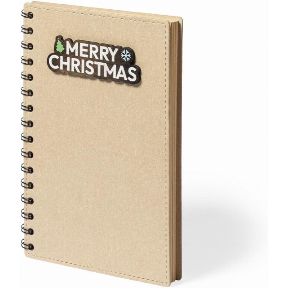 A brown spiral-bound notebook with a festive "Merry Christmas" design on the cover.