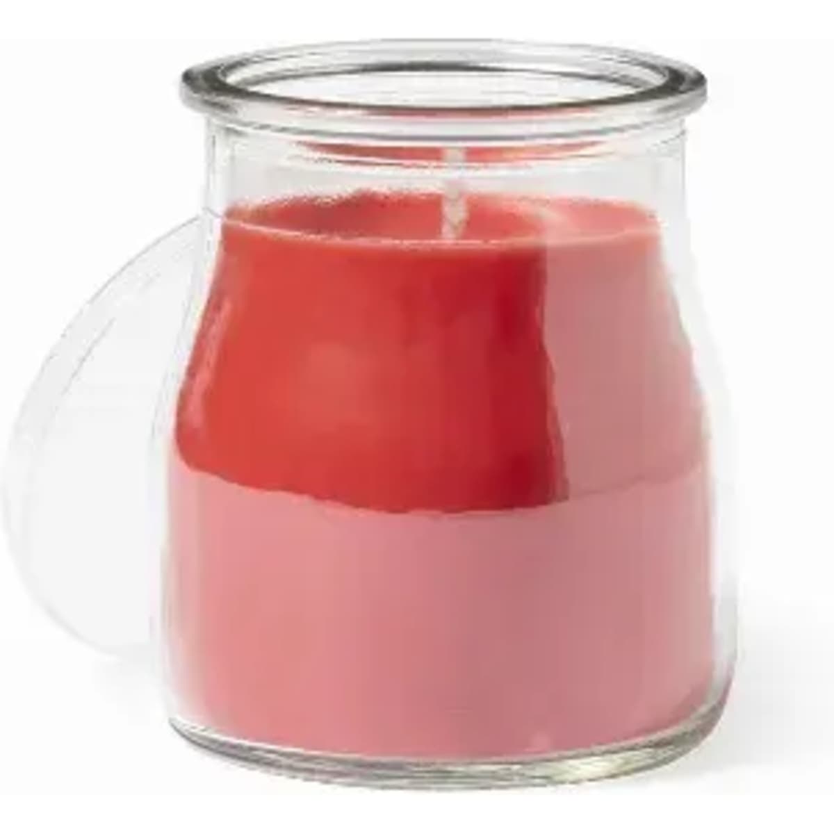 A jar candle featuring a two-tone design with vibrant red and pink wax, secured with a clear glass lid.