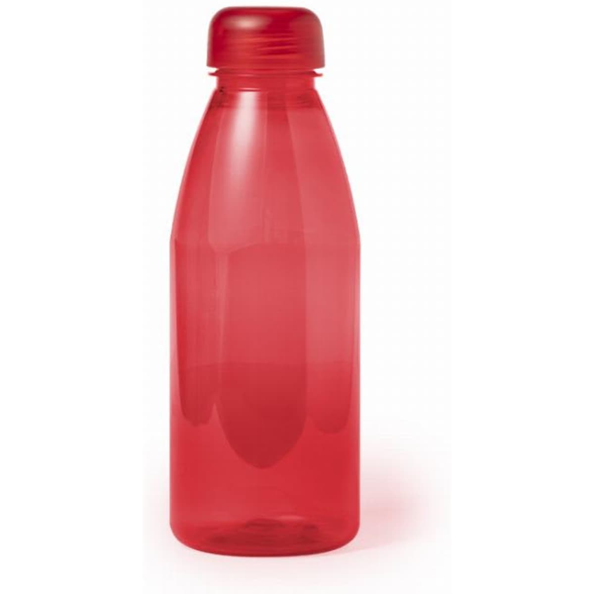 A drink bottle in a translucent red colour with a rounded cap and a simple design. It features a logo.