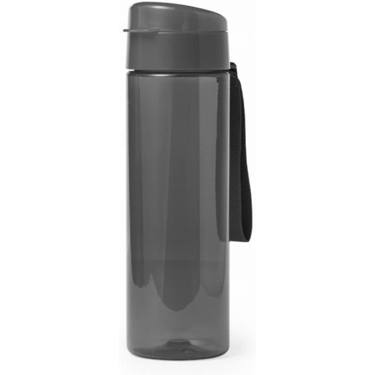 A drink bottle in a translucent grey colour with a secured lid and a black strap for easy carrying.