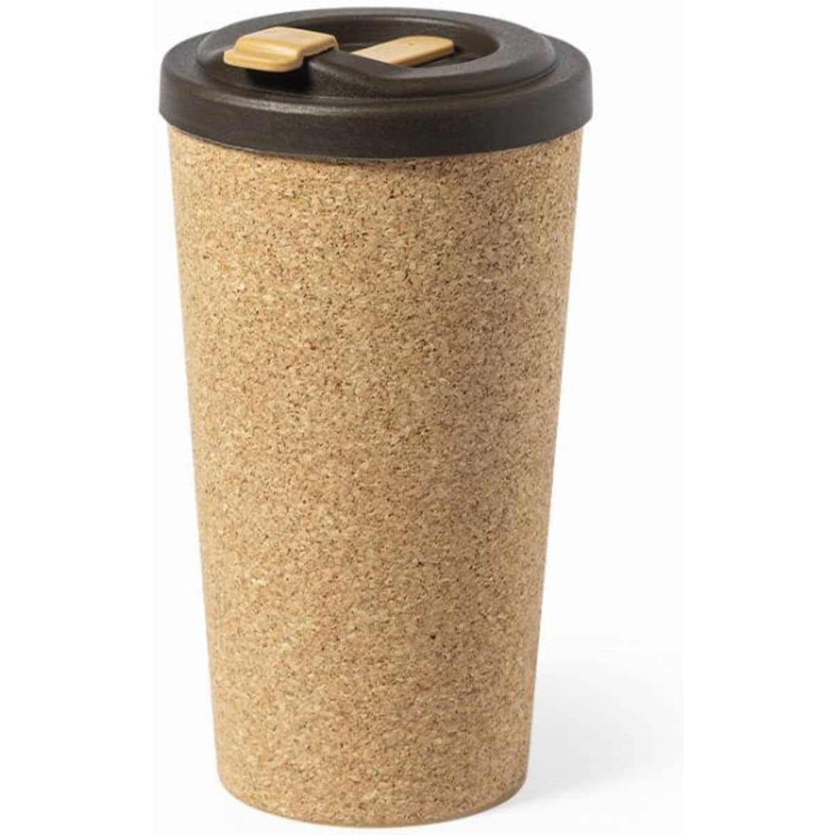 A drink bottle featuring a natural cork exterior and a black lid with two openings. It has a simple design and a logo.