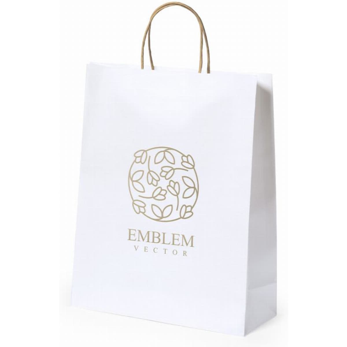 A white paper bag with a decorative design and a logo, featuring brown handles.