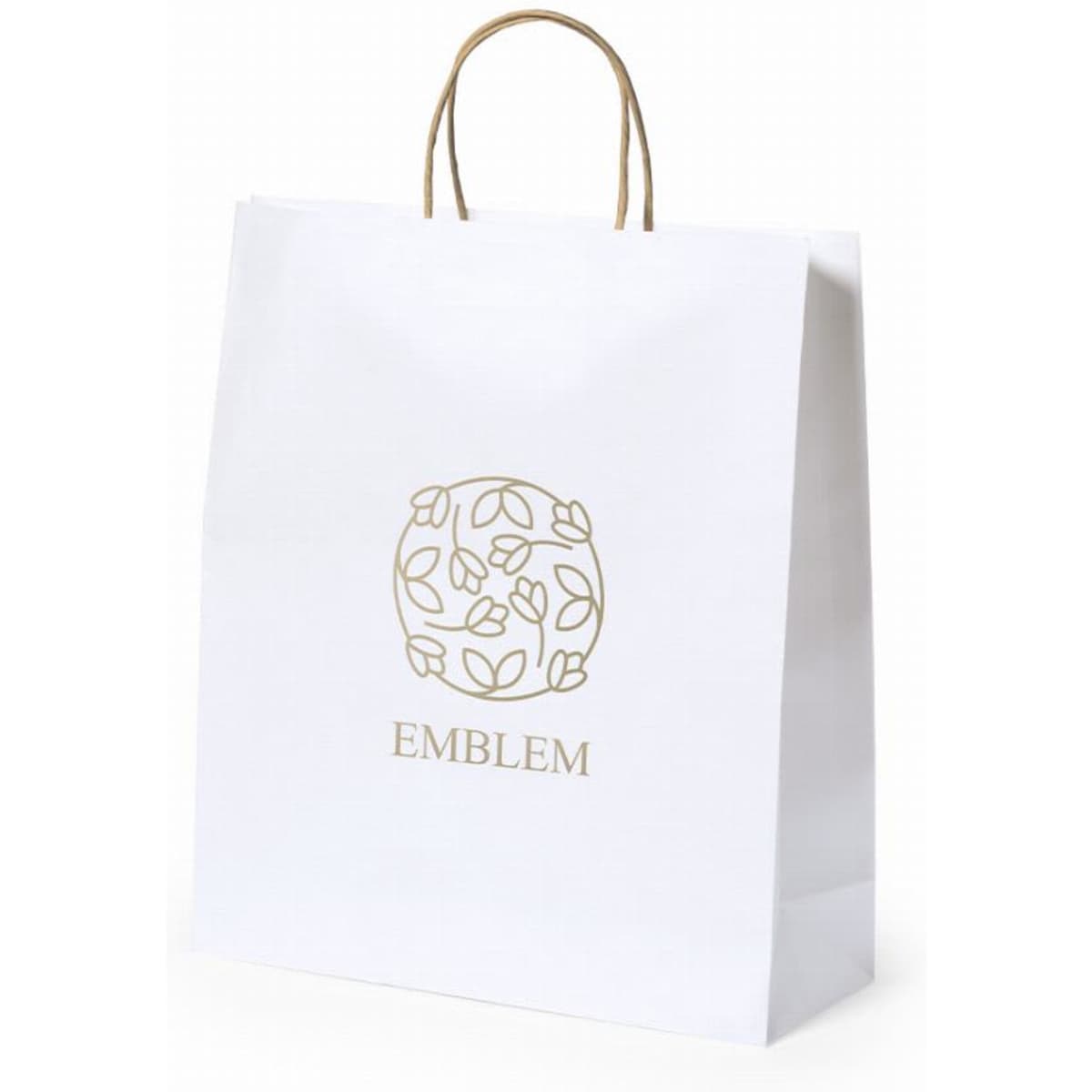 A white shopping bag with a decorative gold logo and handles.