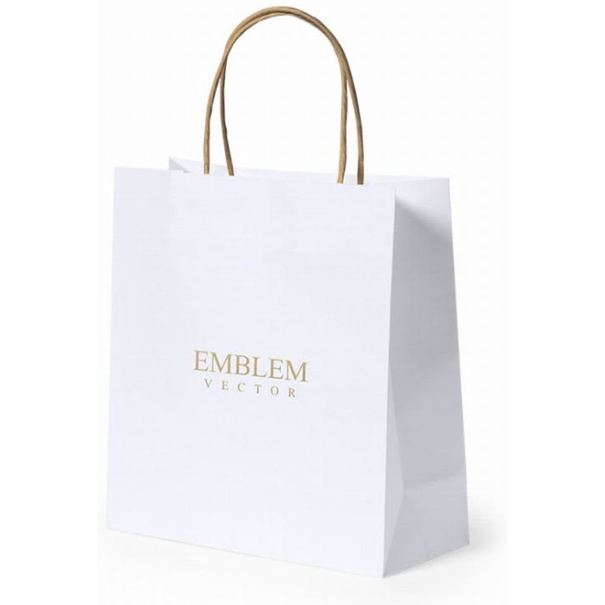A white paper shopping bag with two handles, featuring a logo printed in gold.