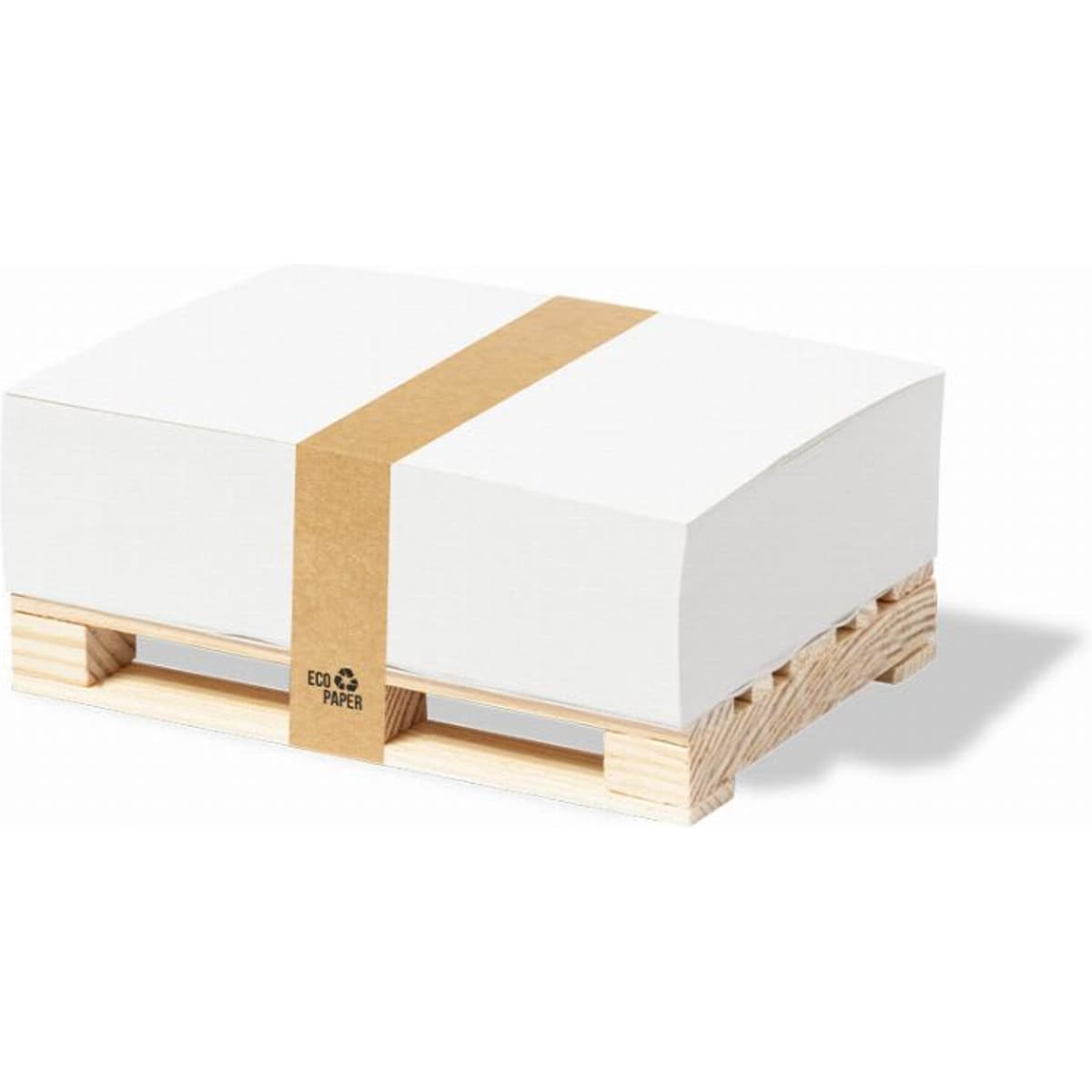 A stack of white paper is neatly bundled and placed on a small wooden pallet with a brown paper band.