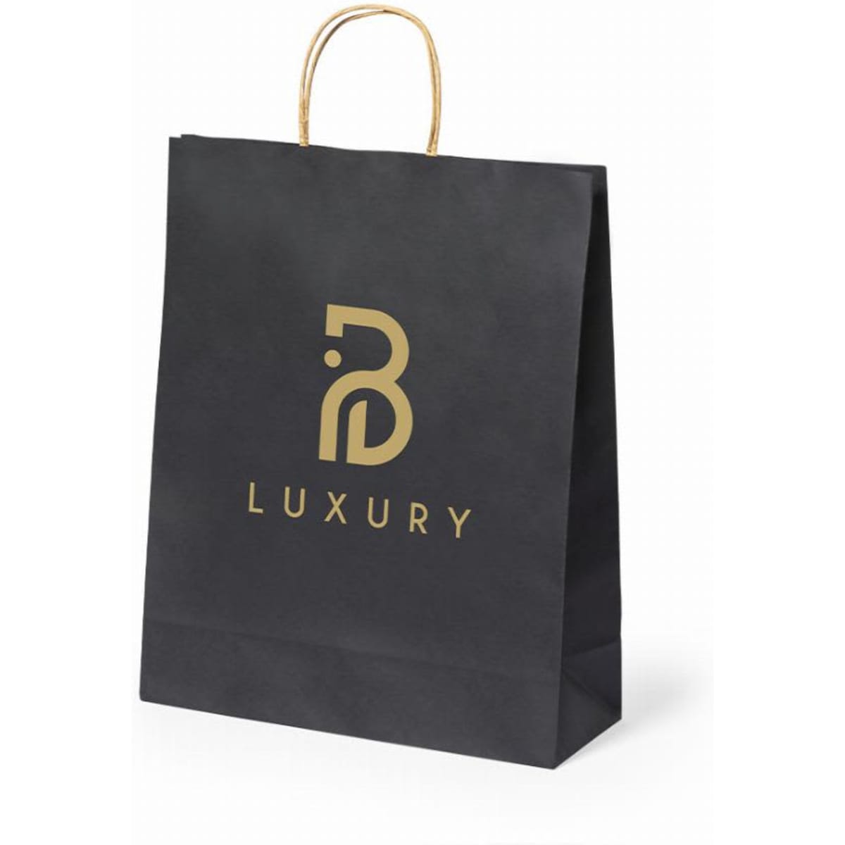 A black paper shopping bag with a gold logo and a decorative handle.
