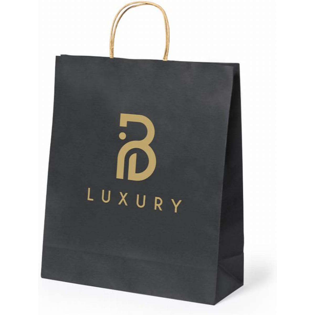 A black paper shopping bag with a gold logo and handles. The bag features the word "LUXURY" prominently.