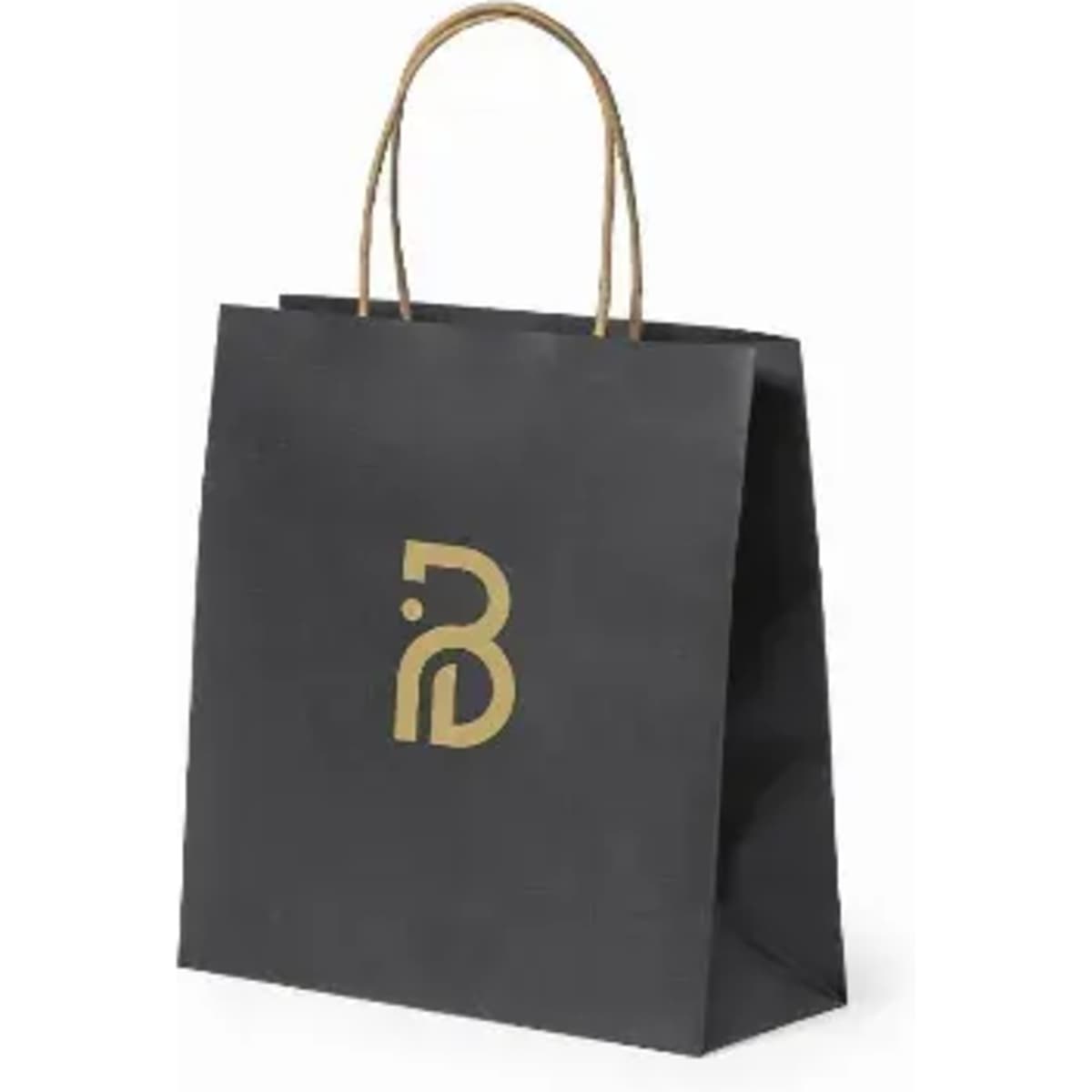 A black paper bag with a gold logo and two handle straps.
