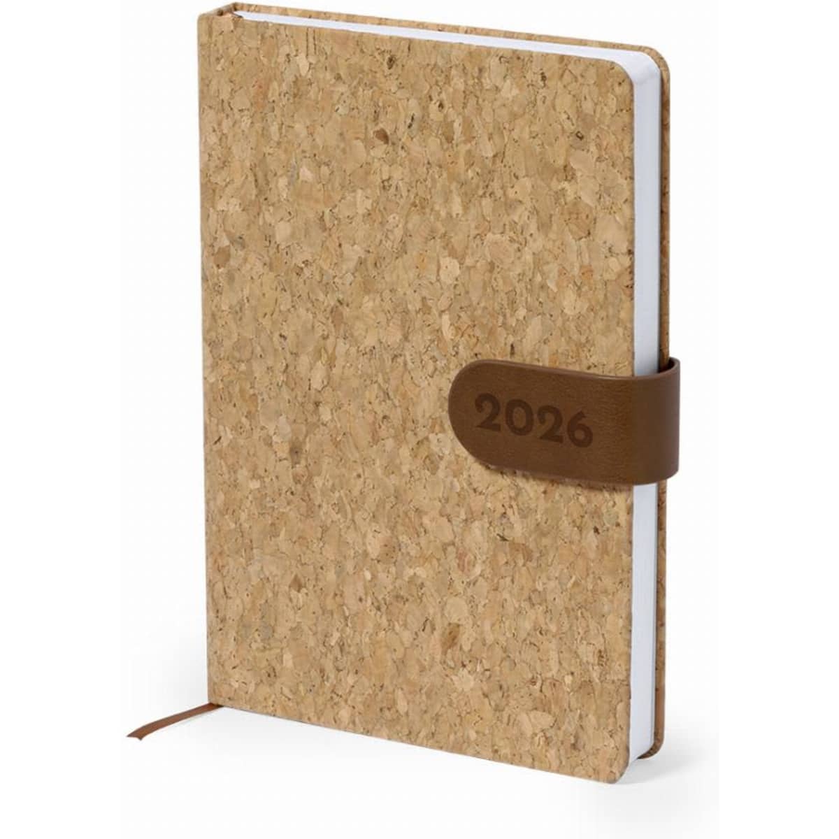 A notebook with a cork cover and brown leather strap featuring the year 2026.