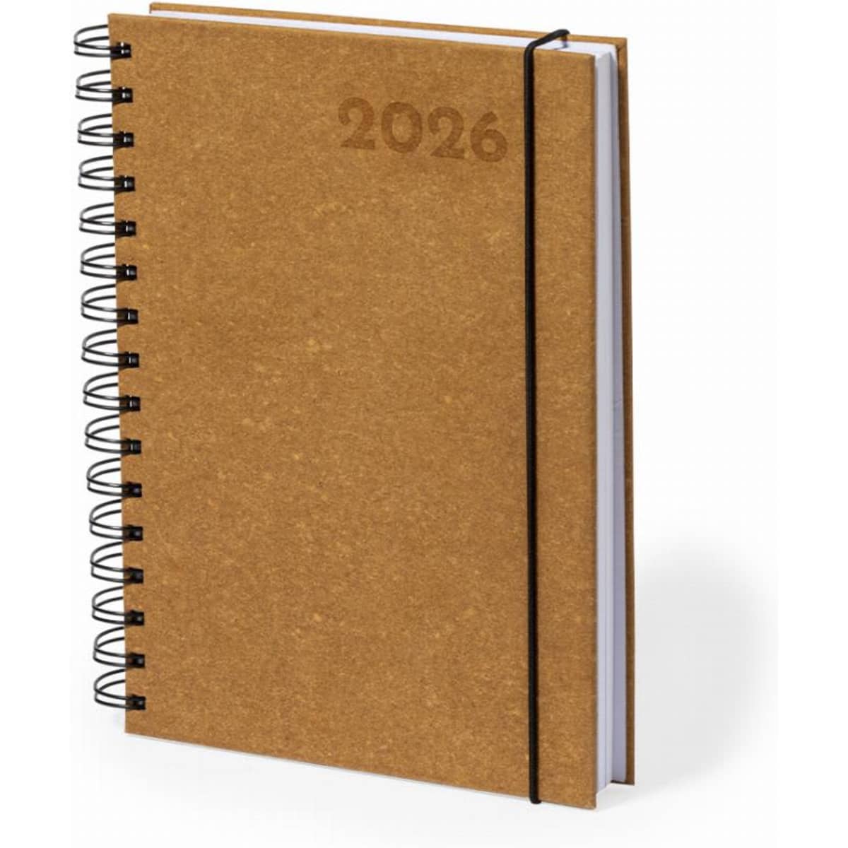 A brown spiral-bound notebook with a black elastic band, featuring the year "2026" embossed on the cover.