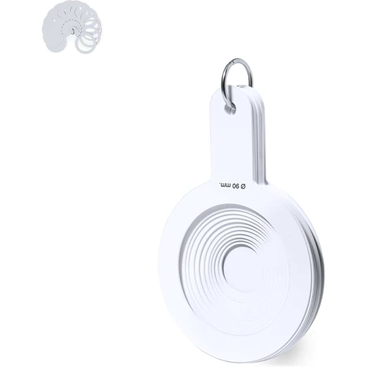 A white circular measuring tool with a metal hook, featuring a spiral design. Includes a small separate white piece.